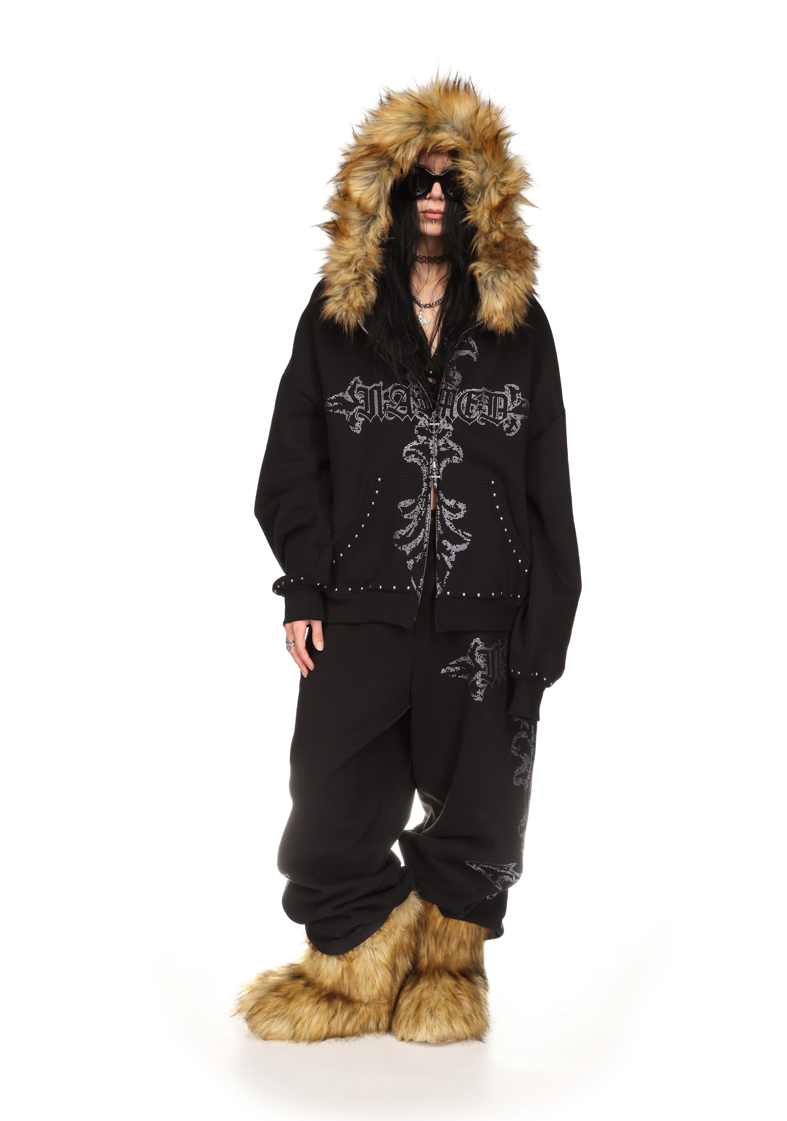 Feral Faux Fur Studded Zip Hoodie Black Detachable Fur – NAMED