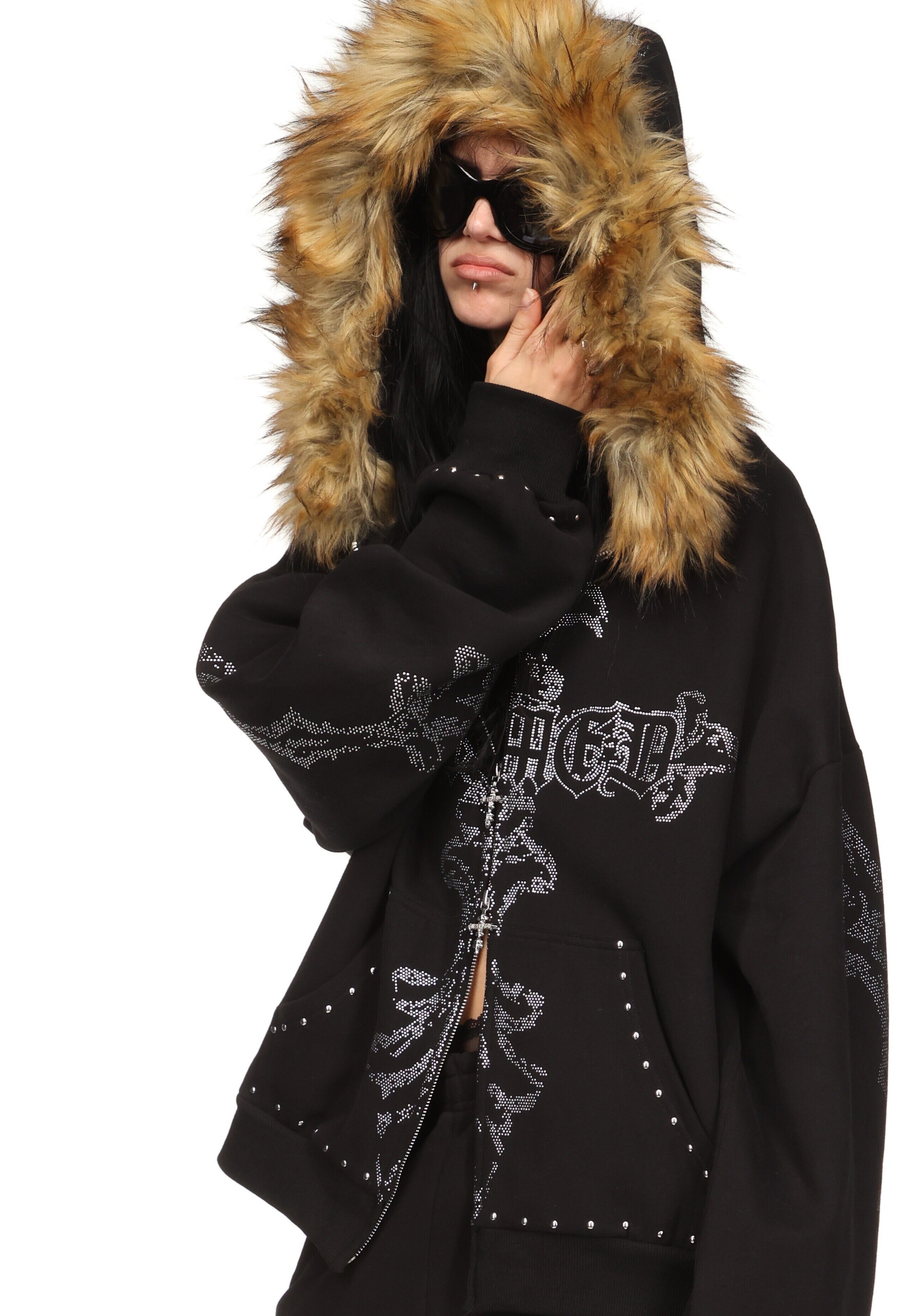 Feral Faux Fur Studded Zip Hoodie Black Detachable Fur – NAMED