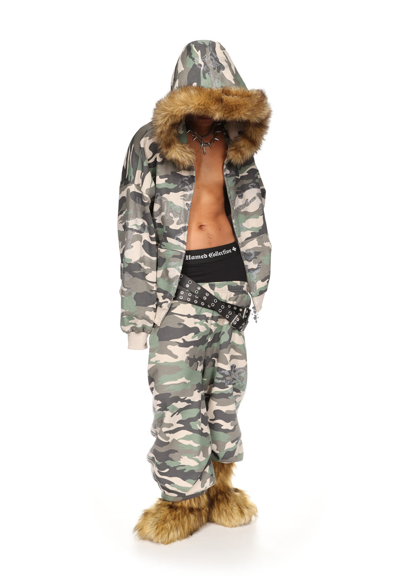 FERAL FAUX FUR STUDDED ZIP HOODIE CAMO (DETACHABLE FUR)