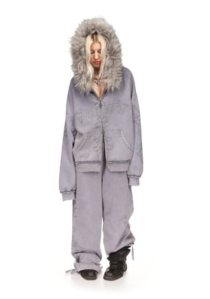FERAL FAUX FUR STUDDED ZIP HOODIE WASHED GREY (DETACHABLE FUR)