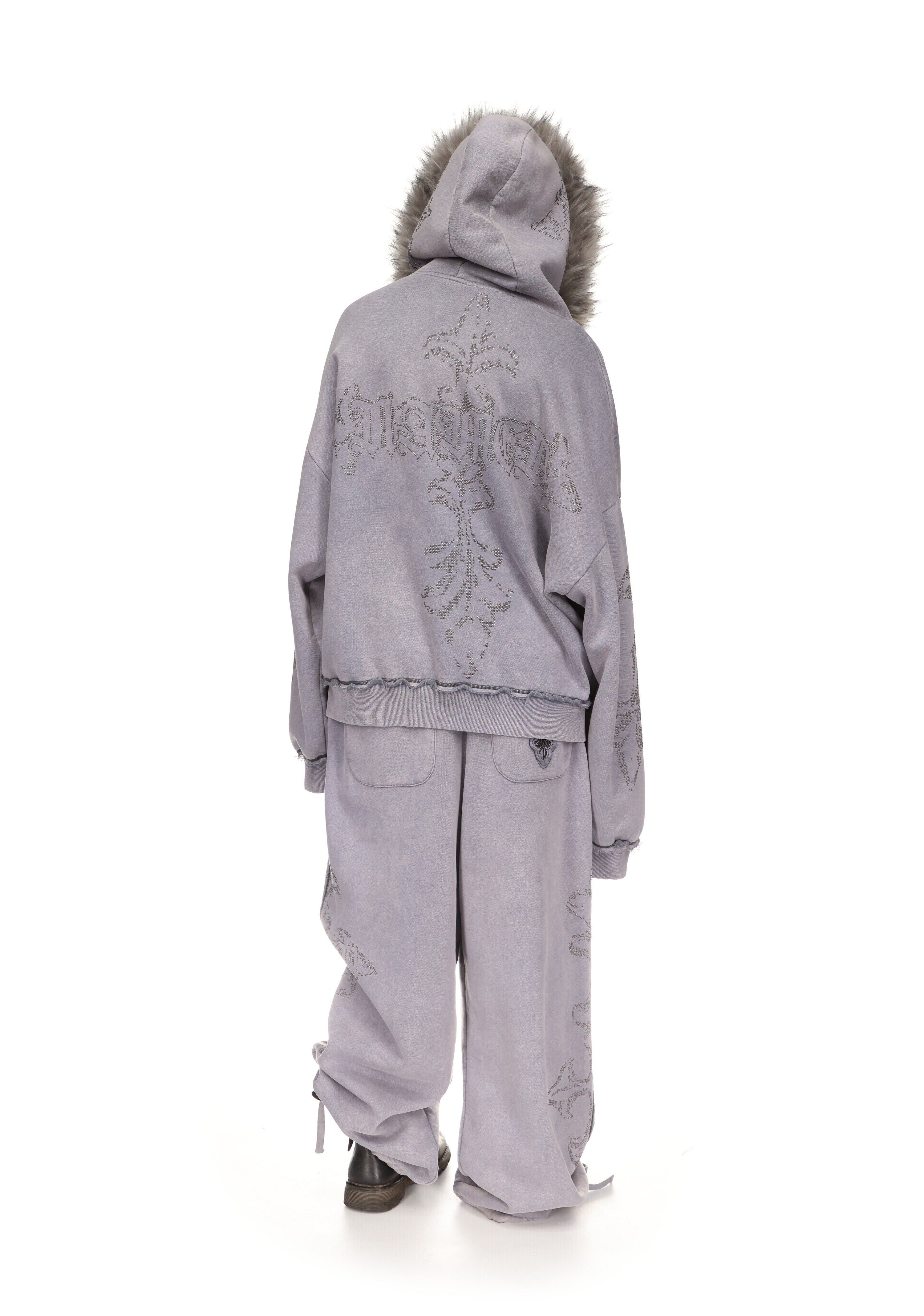 Feral Faux Fur Studded Zip Hoodie Washed Grey Detachable Fur