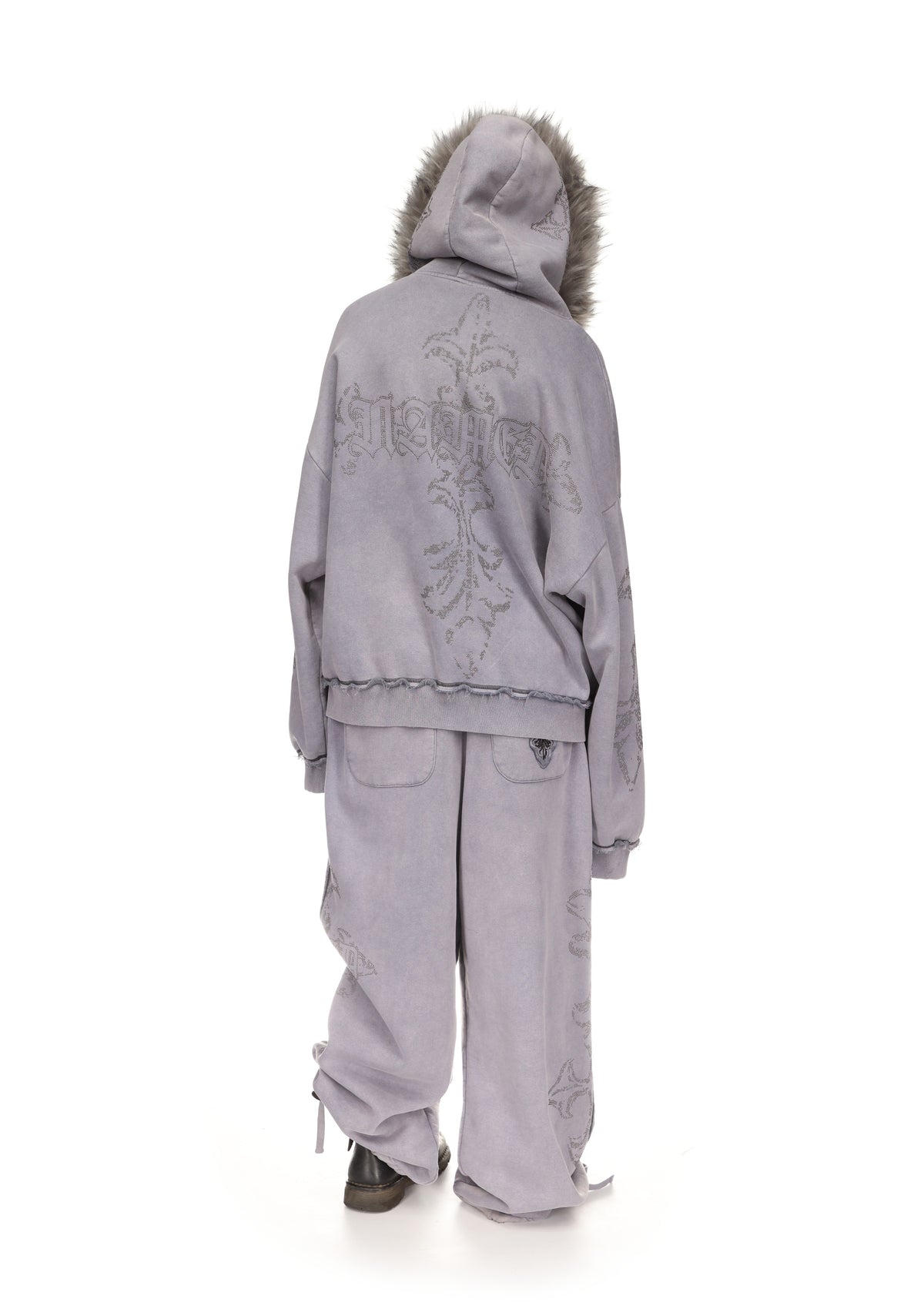 FERAL FAUX FUR STUDDED ZIP HOODIE WASHED GREY (DETACHABLE FUR)
