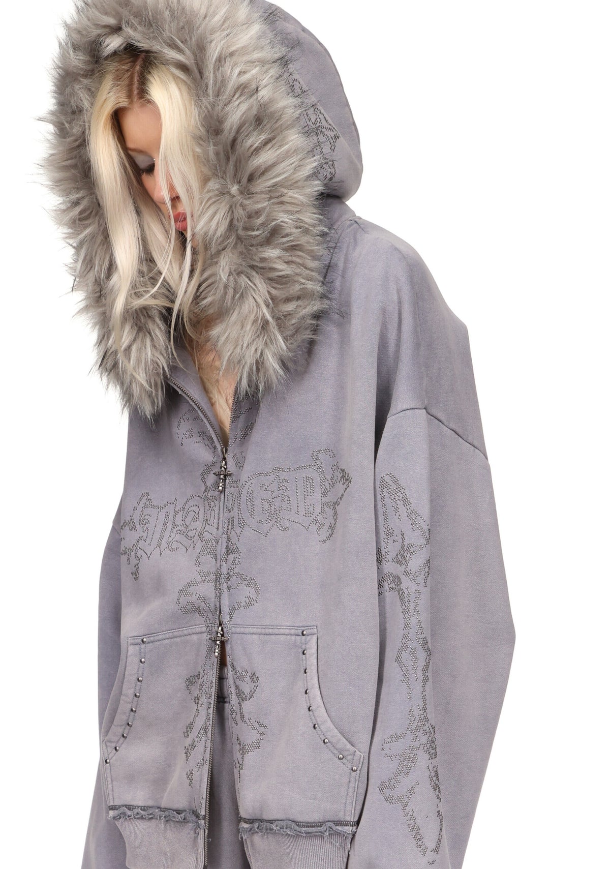 FERAL FAUX FUR STUDDED ZIP HOODIE WASHED GREY (DETACHABLE FUR)
