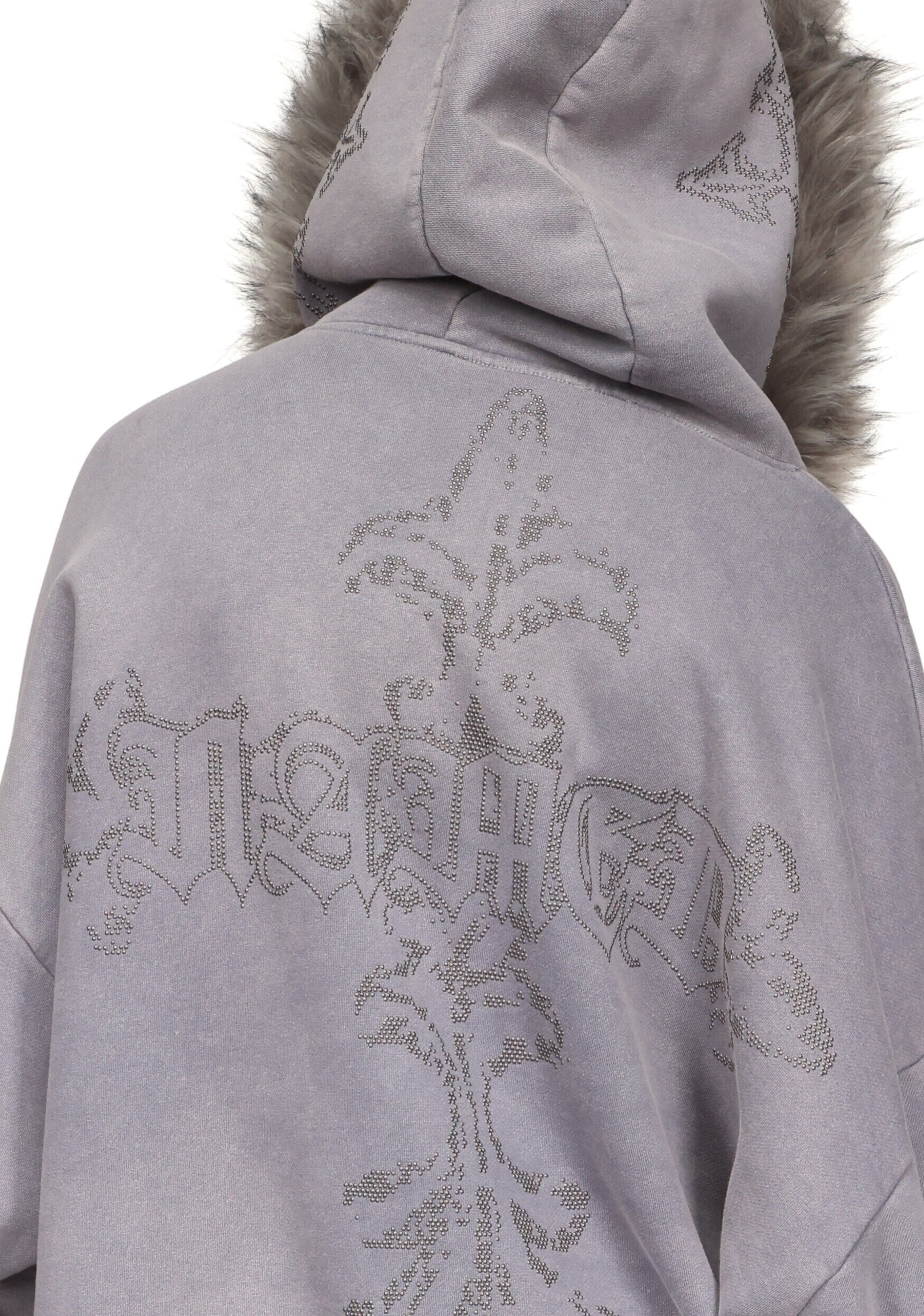 Feral Faux Fur Studded Zip Hoodie Washed Grey Detachable Fur