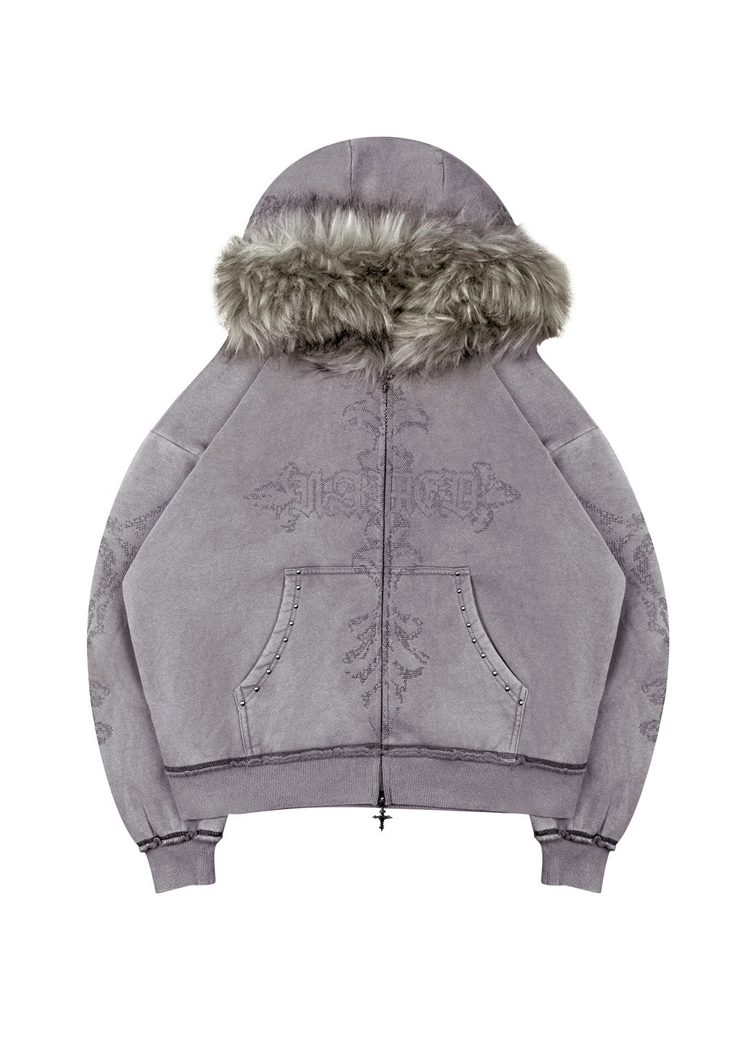 Feral Faux Fur Studded Zip Hoodie Washed Grey Detachable Fur Feral Faux Fur Studded Zip Hoodie Washed Grey Detachable Fur