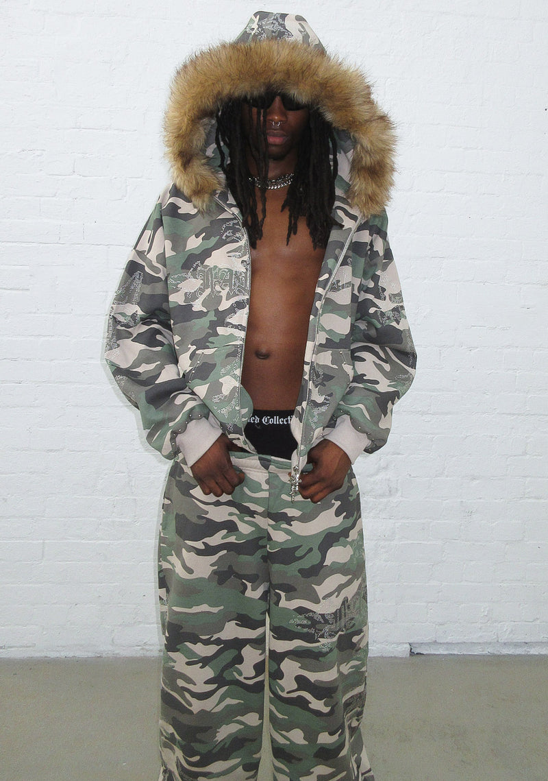 FERAL FAUX FUR STUDDED ZIP HOODIE CAMO (DETACHABLE FUR)