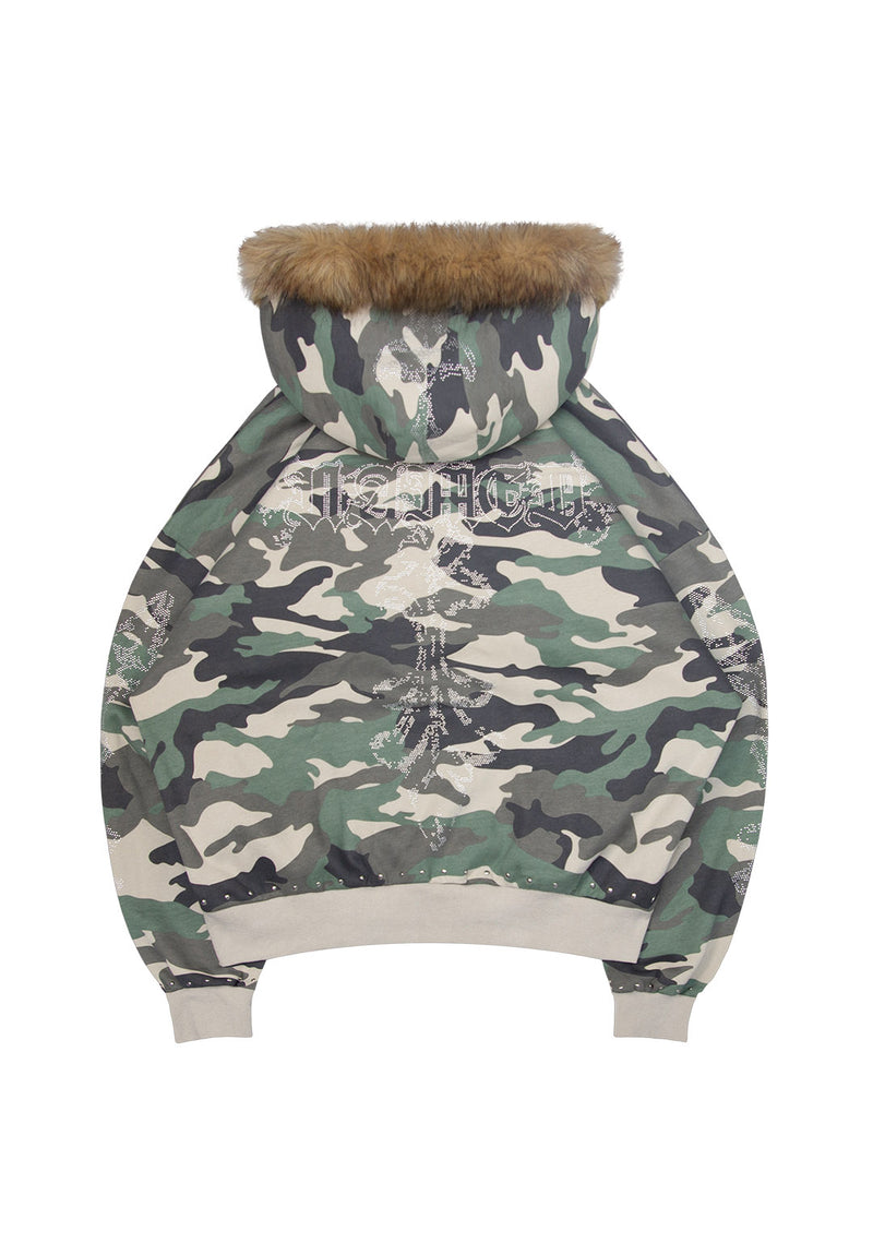 FERAL FAUX FUR STUDDED ZIP HOODIE CAMO (DETACHABLE FUR)