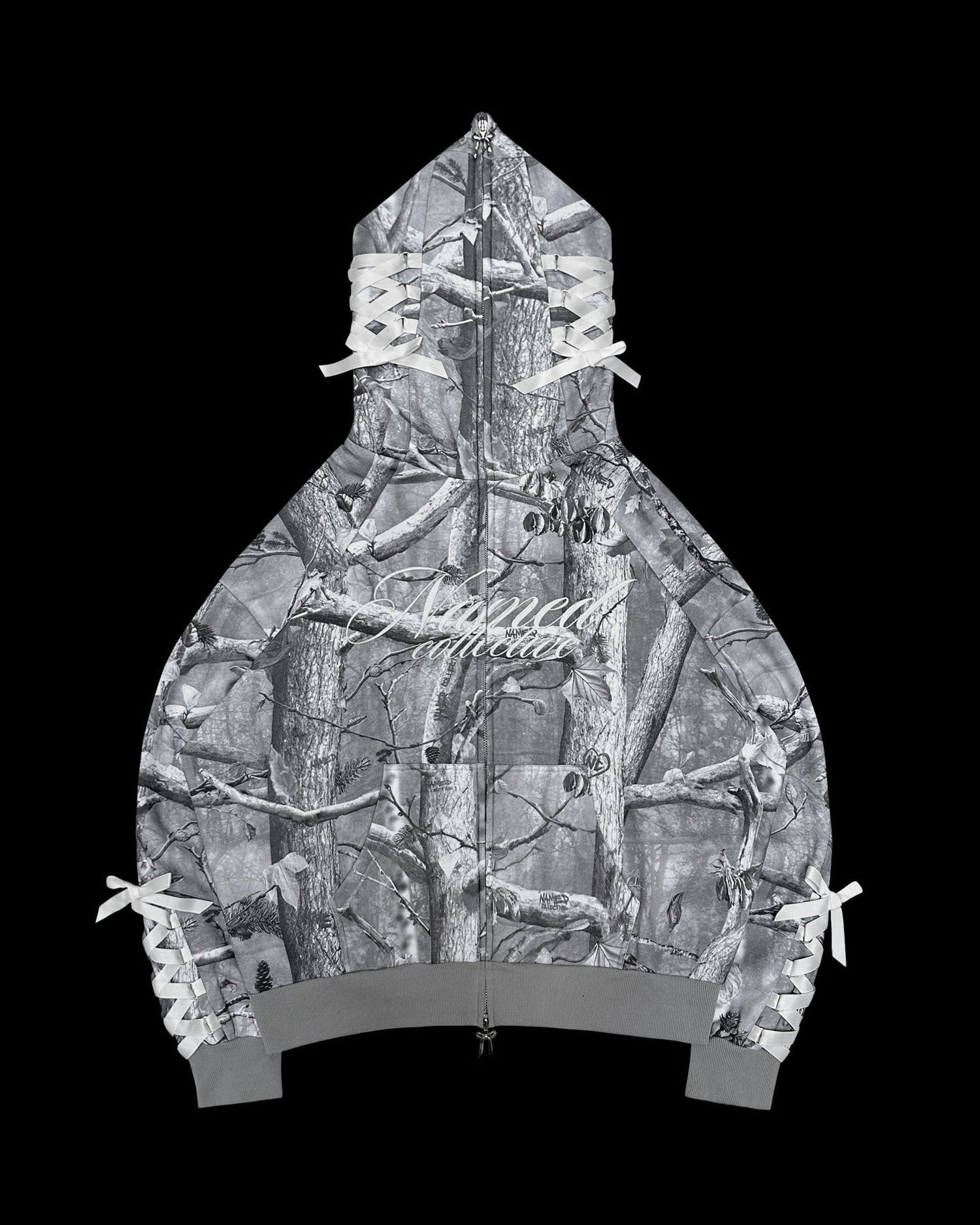 NAMED COLLECTIVE® FORBIDDEN ZIP HOODIE CHALK in gray camo with white lace-up sleeves and hood, flat lay on black.