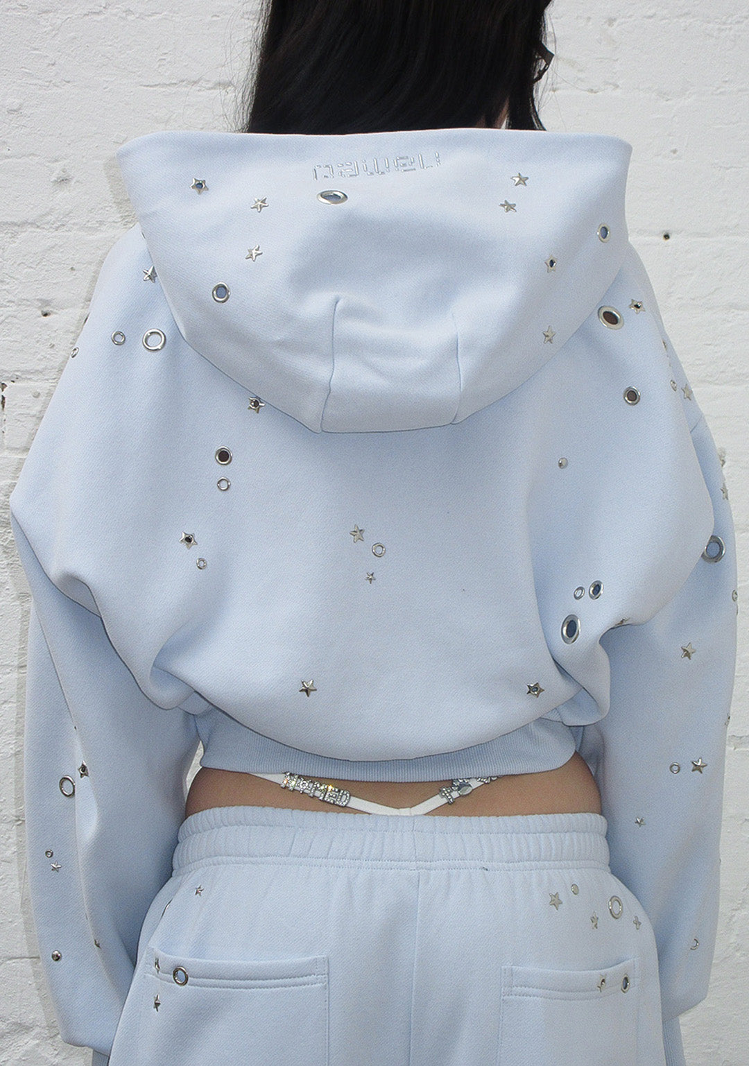 GLITCH EYELET CROP ZIP HOODIE BABY BLUE