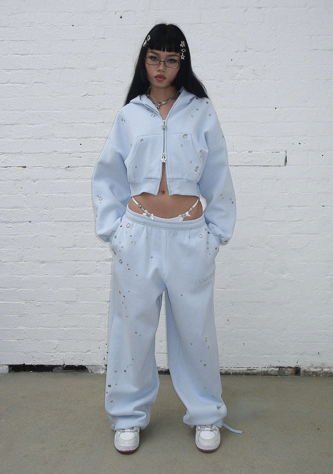 GLITCH EYELET CROP ZIP HOODIE BABY BLUE