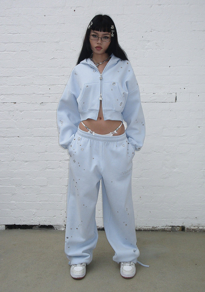 GLITCH EYELET CROP ZIP HOODIE BABY BLUE