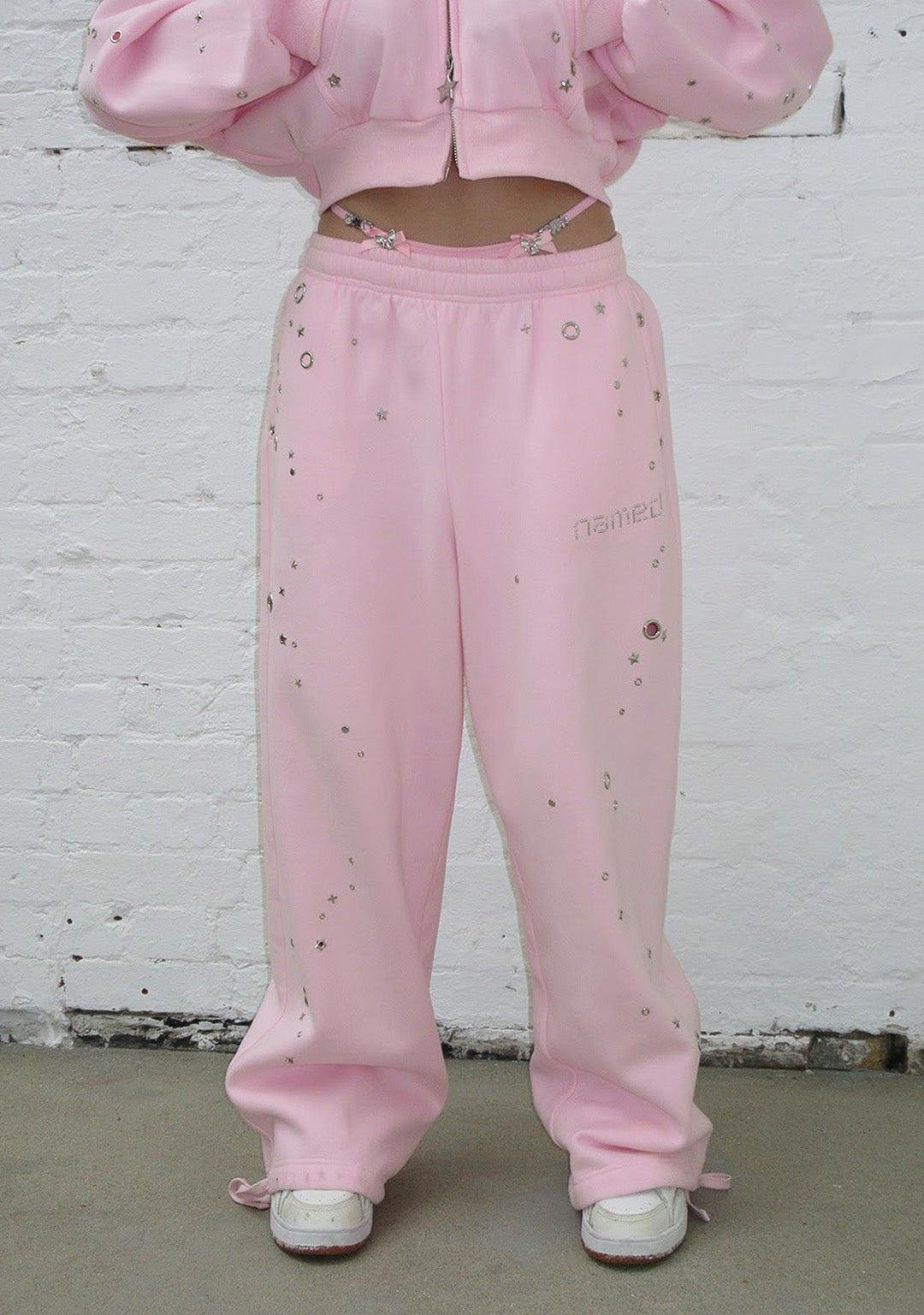 GLITCH EYELET OVERSIZED SWEATPANTS BABY PINK