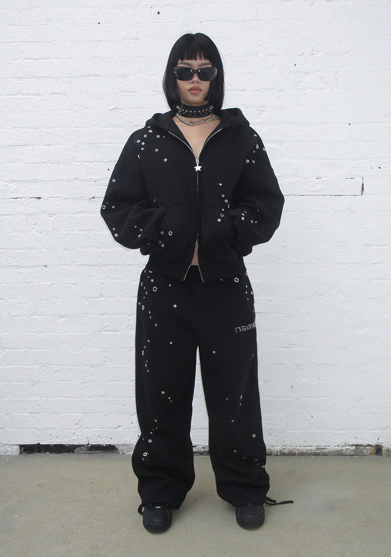 GLITCH EYELET OVERSIZED SWEATPANTS BLACK
