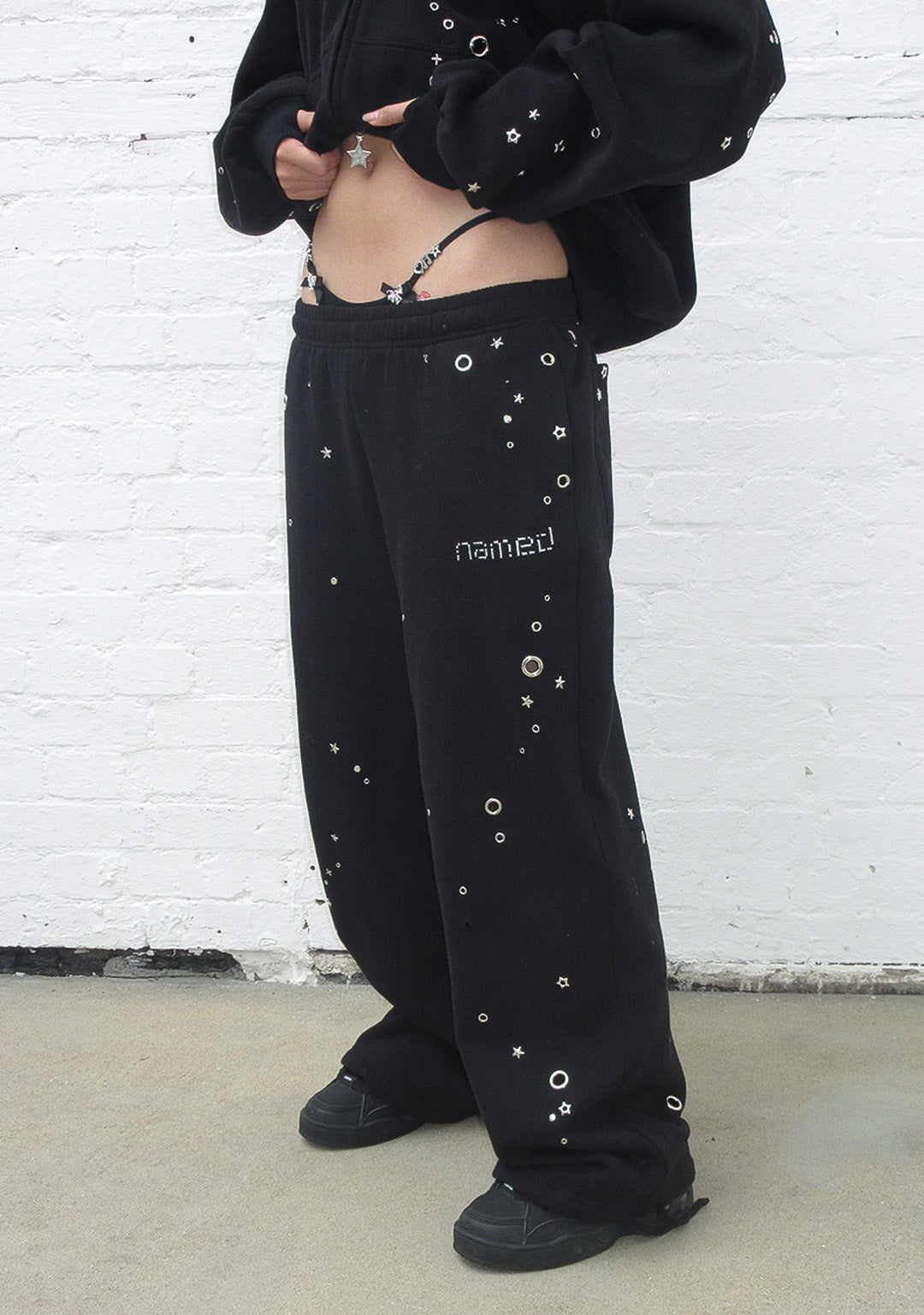 GLITCH EYELET OVERSIZED SWEATPANTS BLACK