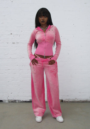 GLITCH EYELET VELOUR ZIP HOODIE WASHED HOT PINK
