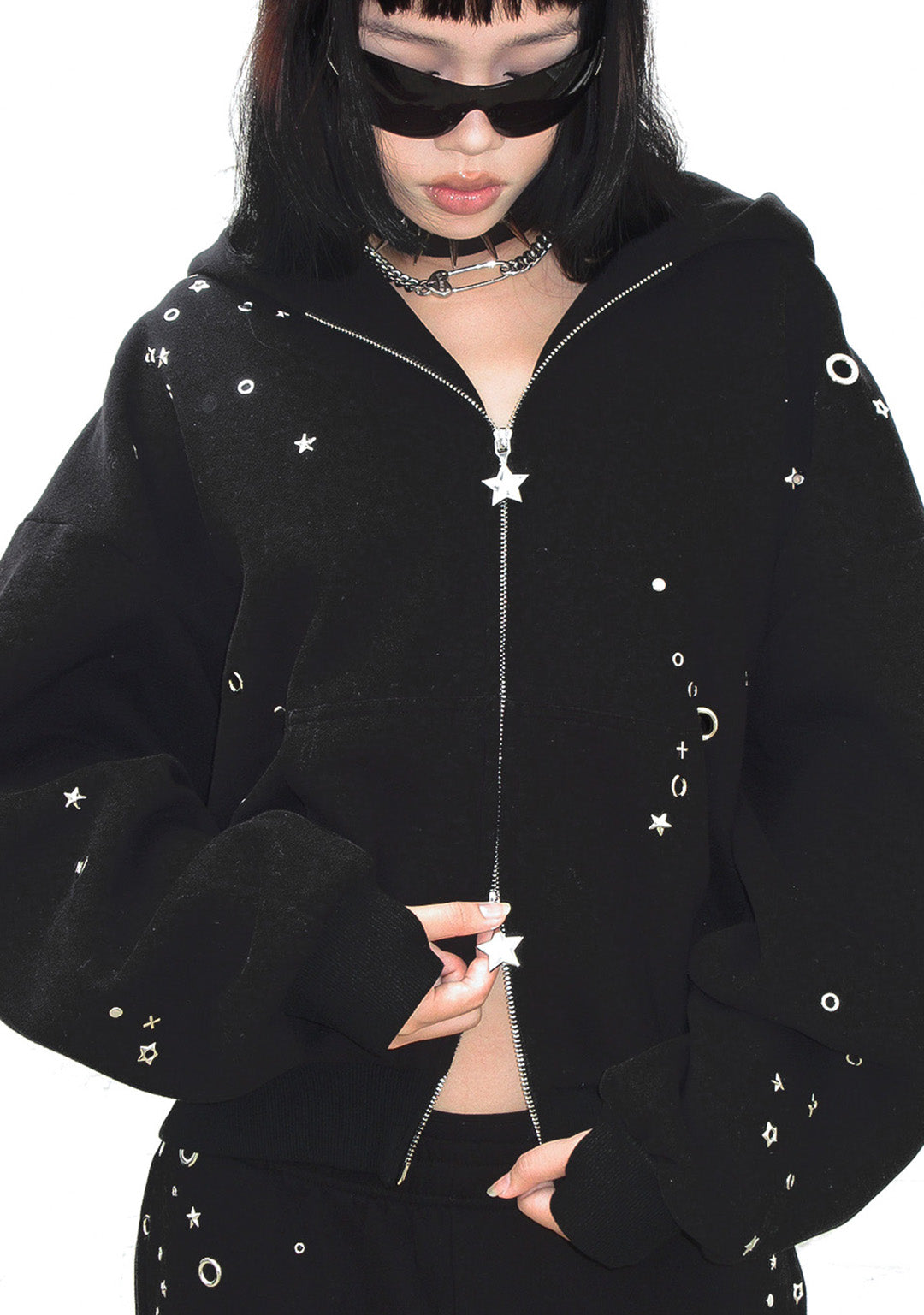 GLITCH EYELET ZIP HOODIE BLACK