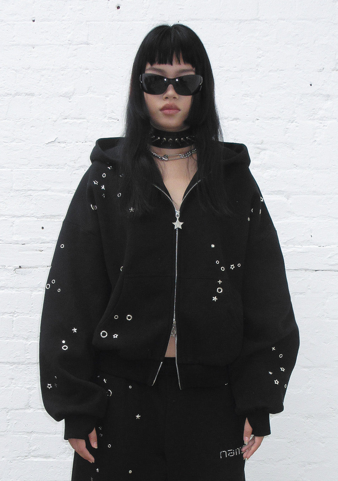 GLITCH EYELET ZIP HOODIE BLACK