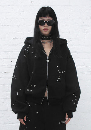 GLITCH EYELET ZIP HOODIE BLACK