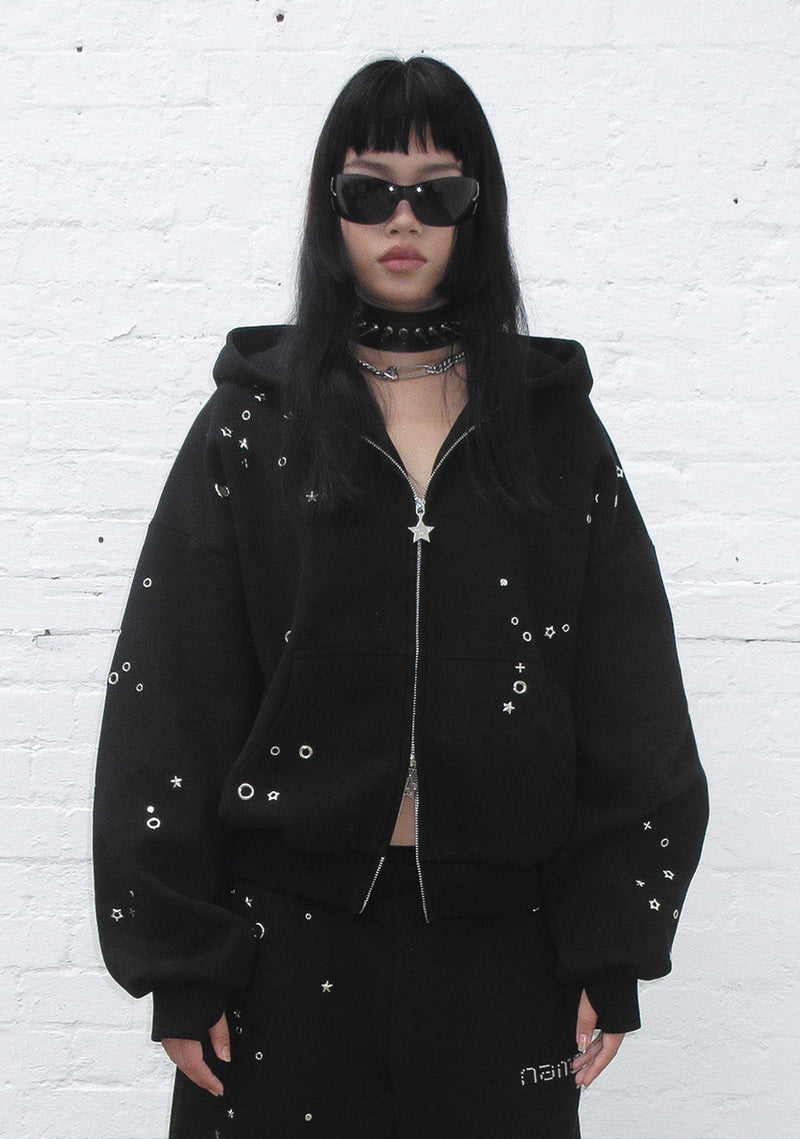 GLITCH EYELET ZIP HOODIE BLACK