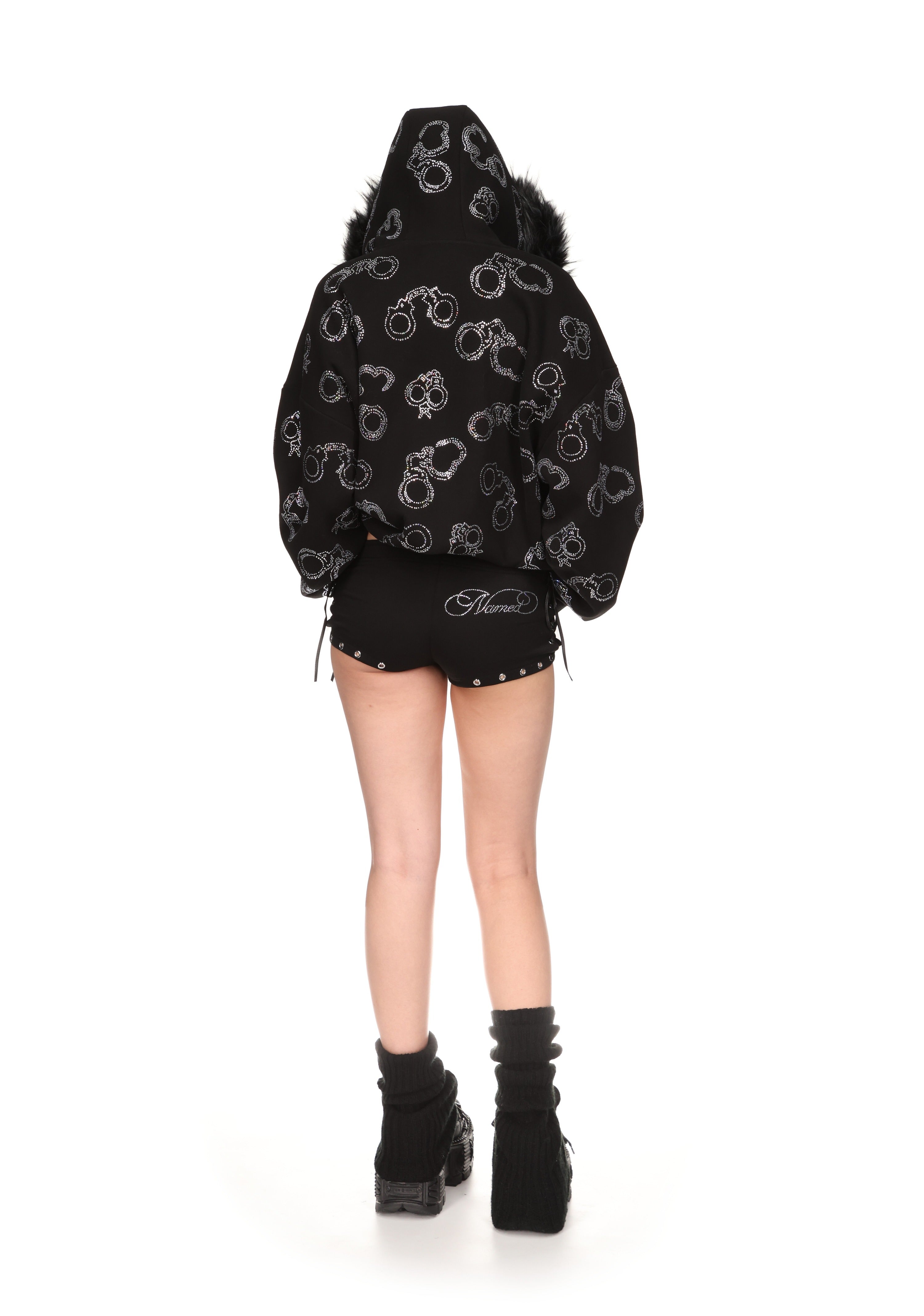 トップス MIDAS Black Stars Rhinestone Fur Hoodie Heist Faux Fur Rhinestone Cuff Zip Hoodie Black Detachable Fur