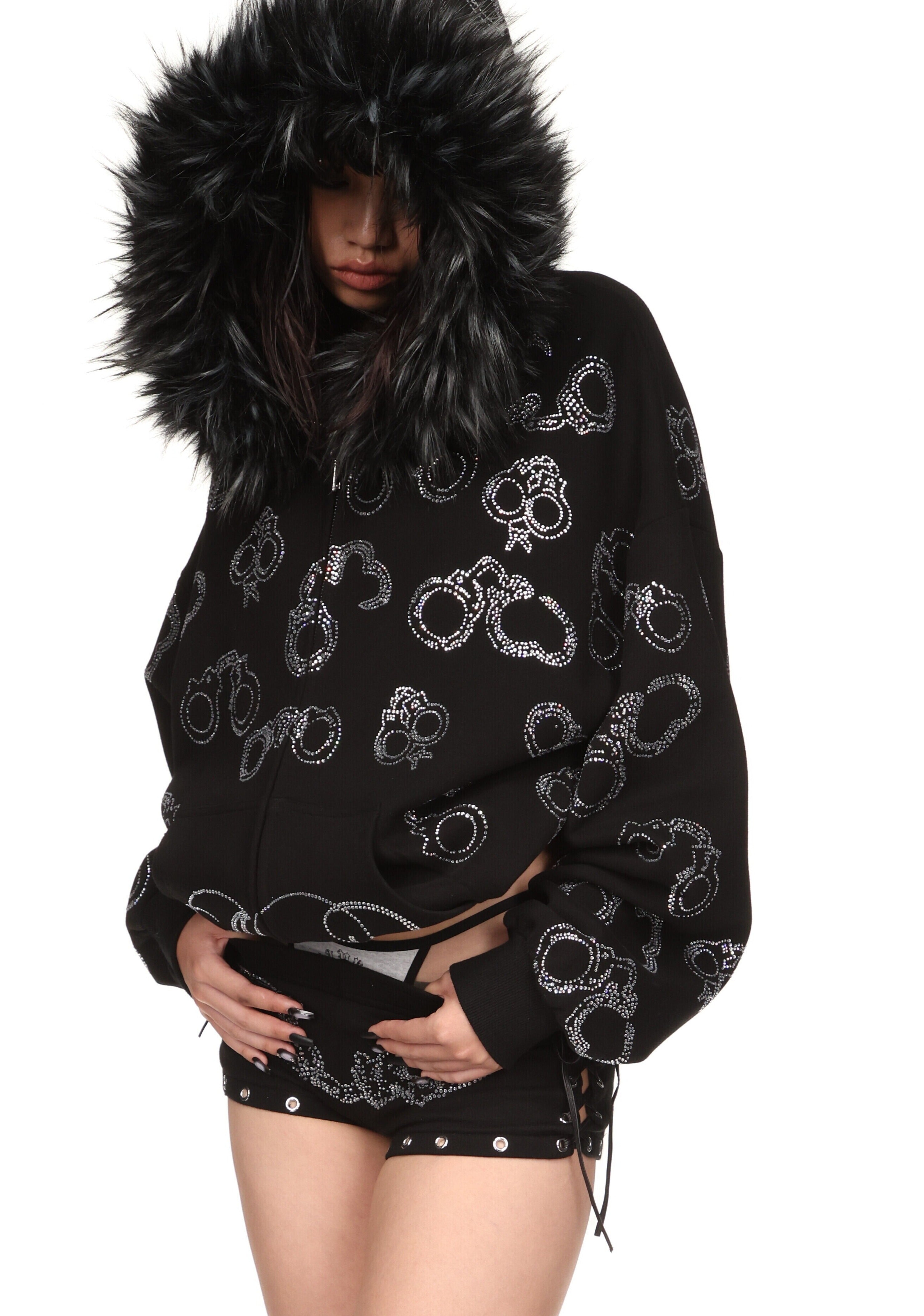 Heist Faux Fur Rhinestone Cuff Zip Hoodie Black Detachable Fur