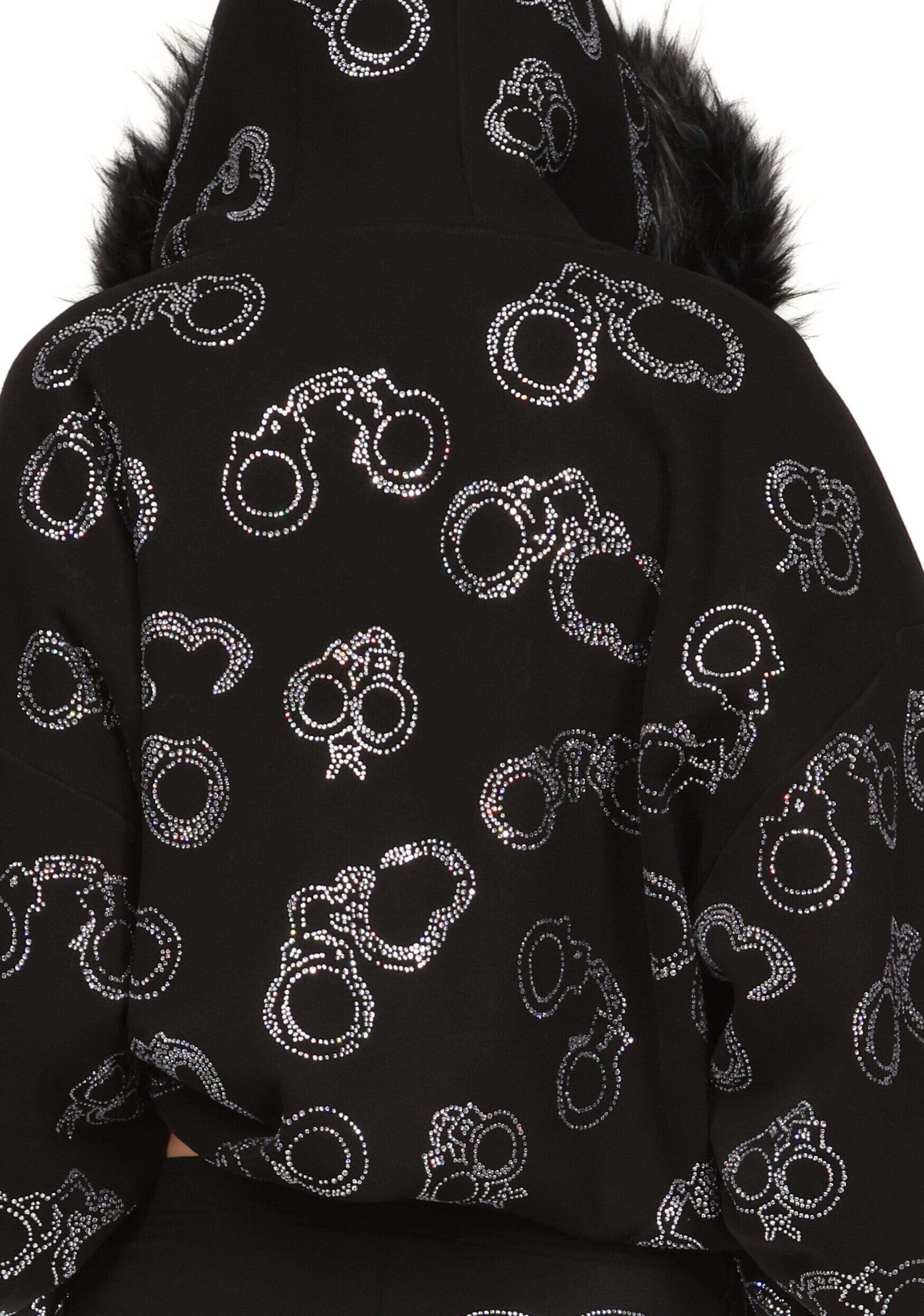 Heist Faux Fur Rhinestone Cuff Zip Hoodie Black Detachable Fur