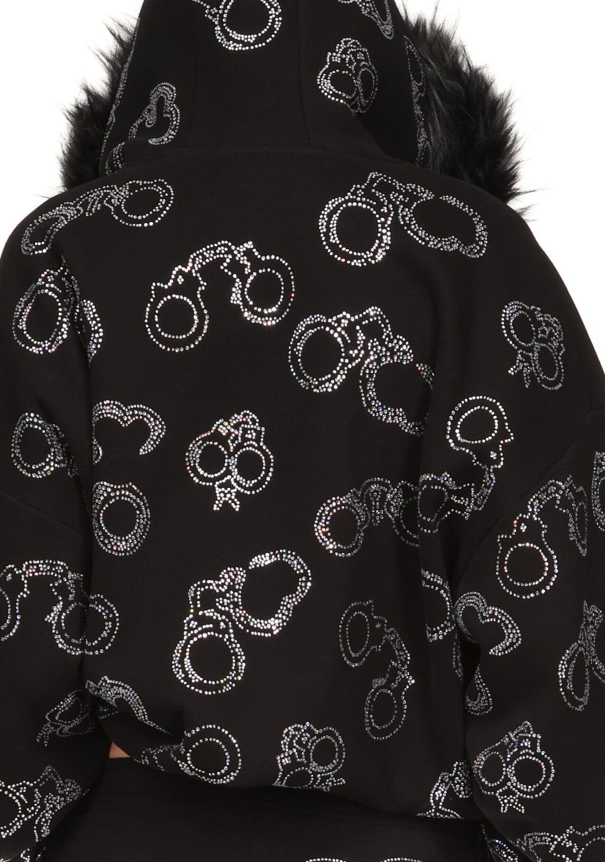 HEIST FAUX FUR RHINESTONE CUFF ZIP HOODIE BLACK (DETACHABLE FUR)