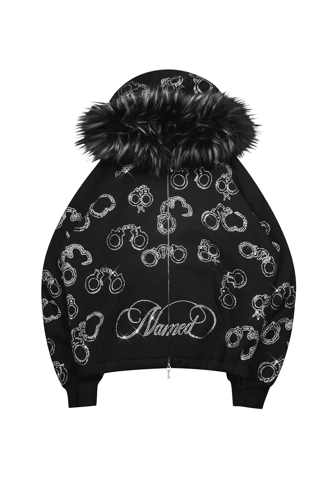 Heist Faux Fur Rhinestone Cuff Zip Hoodie Black Detachable Fur