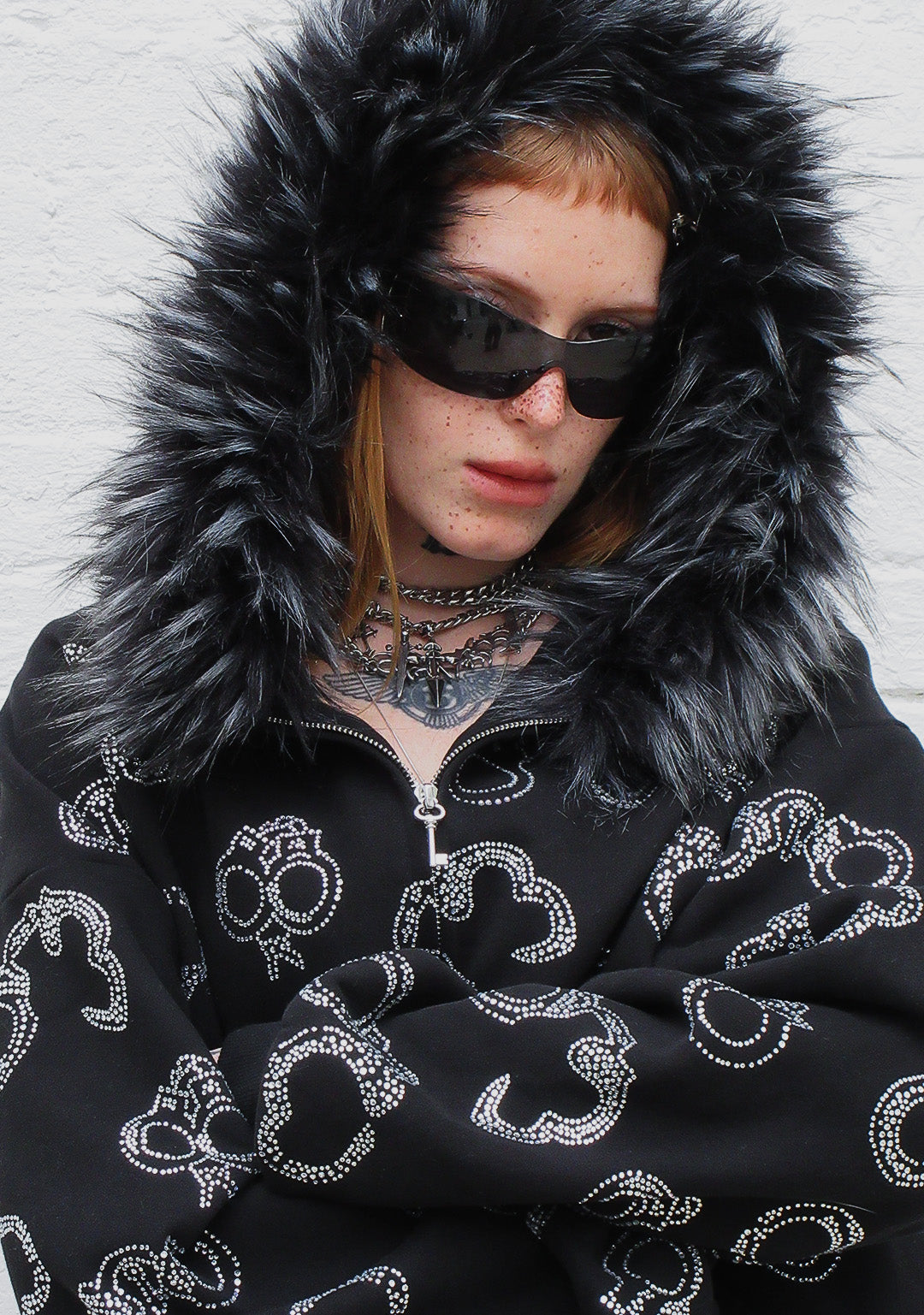 Heist Faux Fur Rhinestone Cuff Zip Hoodie Black Detachable Fur