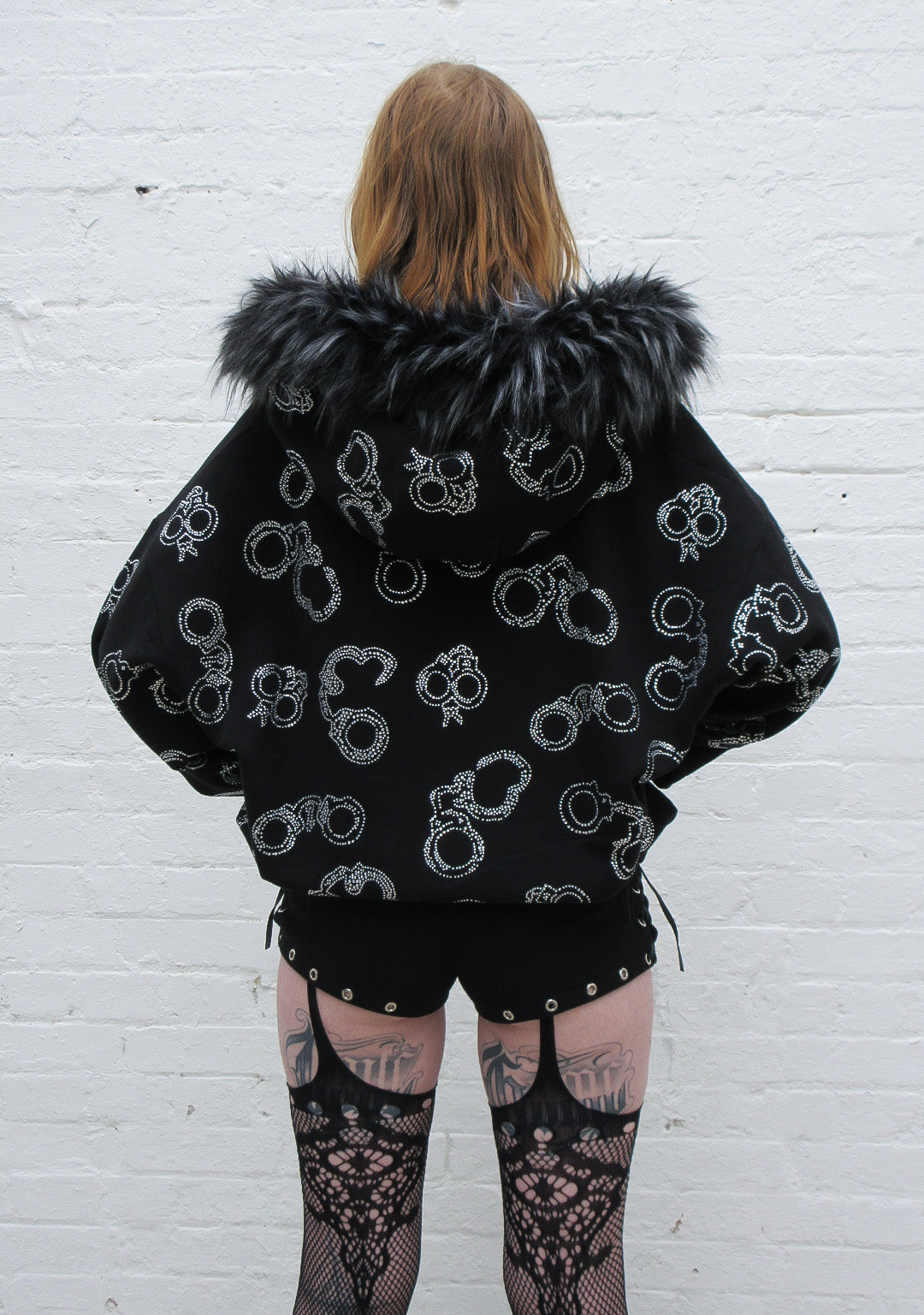 Heist Faux Fur Rhinestone Cuff Zip Hoodie Black Detachable Fur
