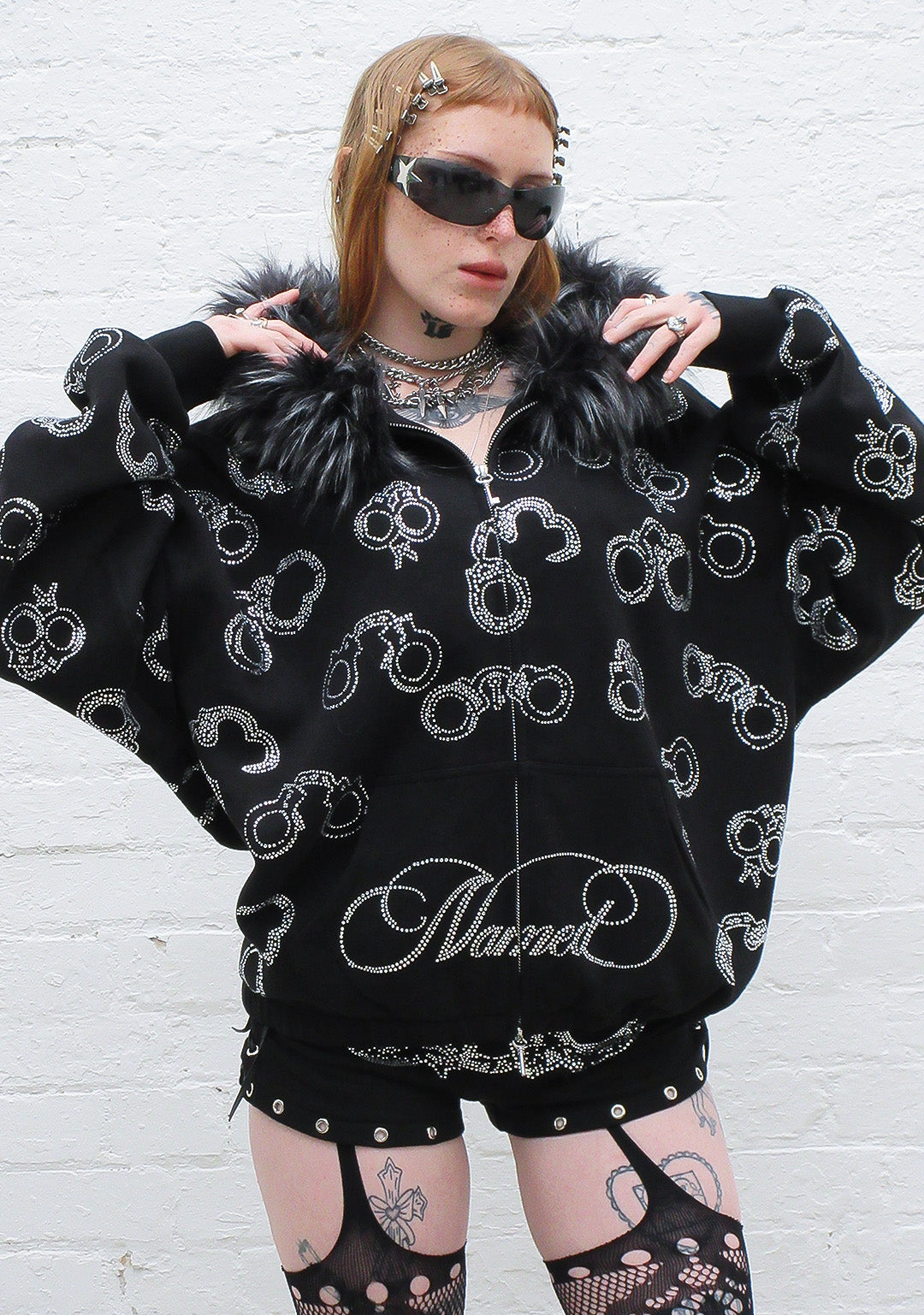 HEIST FAUX FUR RHINESTONE CUFF ZIP HOODIE BLACK (DETACHABLE FUR)