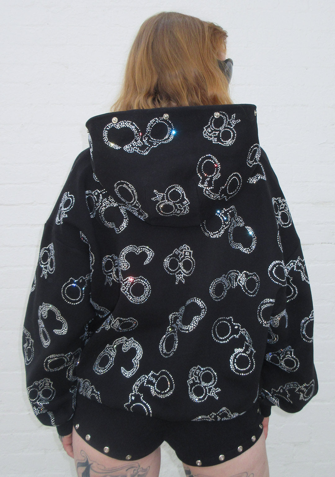 Heist Faux Fur Rhinestone Cuff Zip Hoodie Black Detachable Fur