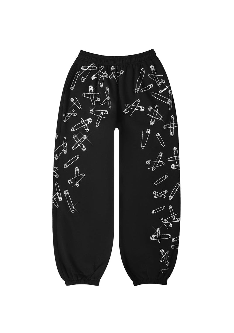 HEIST RHINESTONE SAFETY PIN OVERSIZED SWEATPANTS BLACK