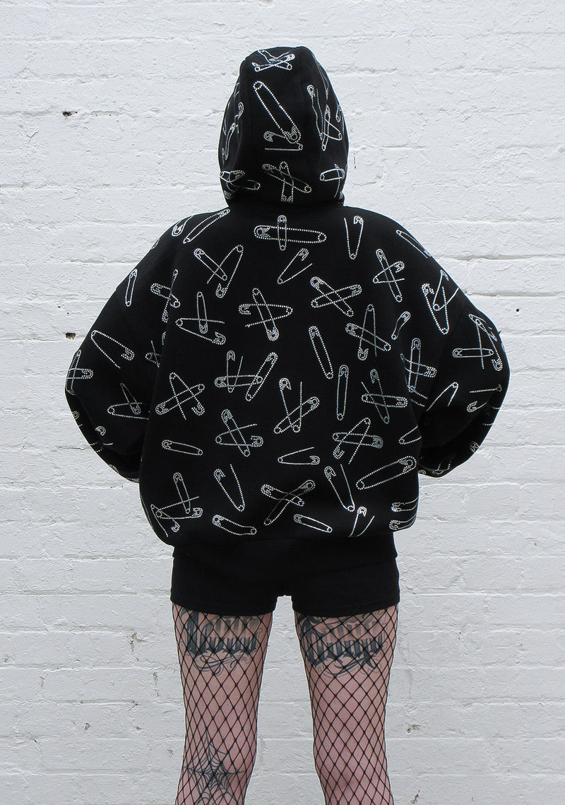 HEIST RHINESTONE SAFETY PIN ZIP HOODIE BLACK