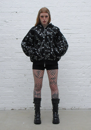 HEIST RHINESTONE SAFETY PIN ZIP HOODIE BLACK