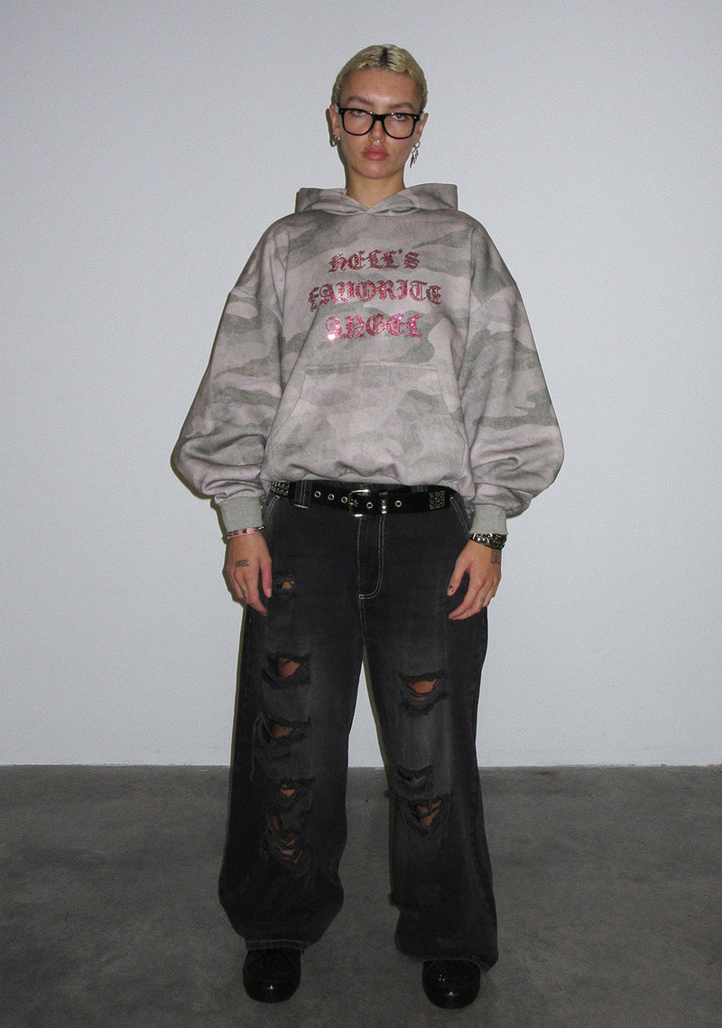 HELL'S FAVORITE RHINESTONE PULLOVER HOODIE CAMO