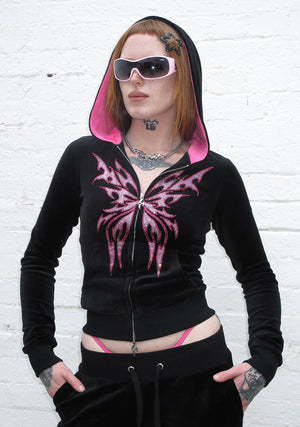 IDOL RHINESTONE VELOUR FITTED ZIP HOODIE BLACK