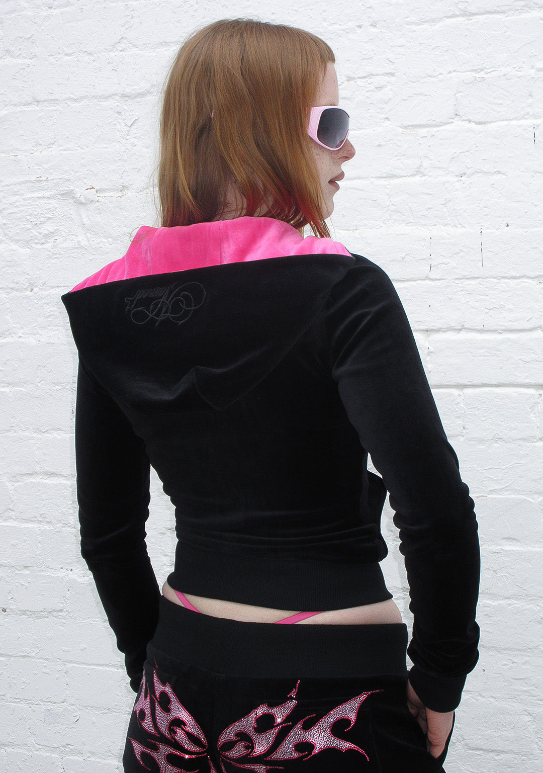 IDOL RHINESTONE VELOUR FITTED ZIP HOODIE BLACK