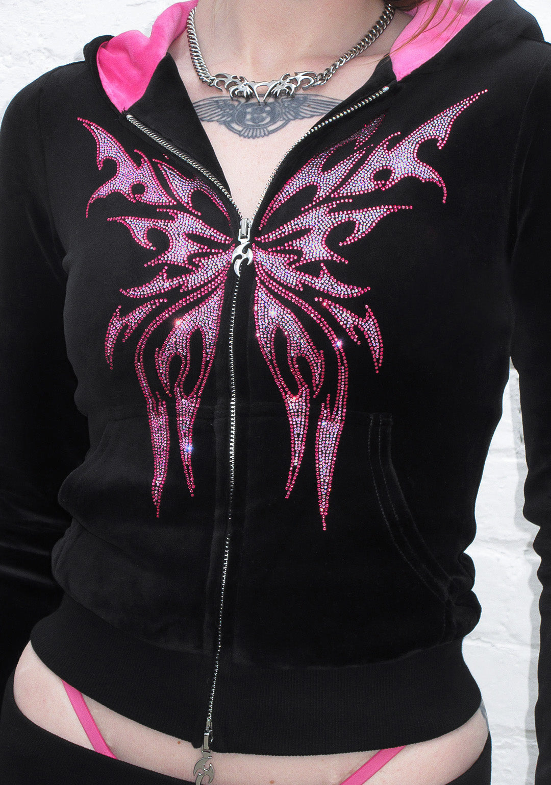 IDOL RHINESTONE VELOUR FITTED ZIP HOODIE BLACK