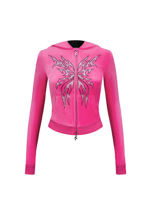 IDOL RHINESTONE VELOUR FITTED ZIP HOODIE HOT PINK