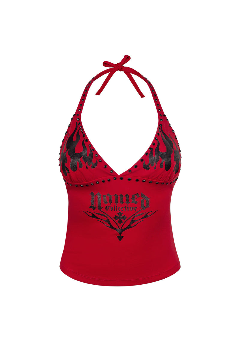 IGNITE RHINESTONE HALTERNECK CAMI TOP RED