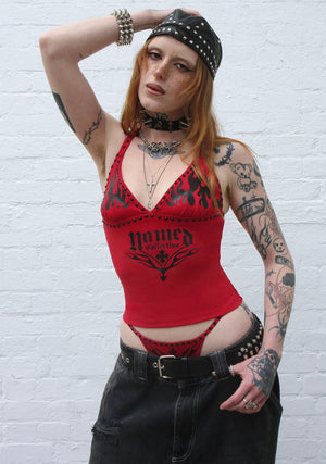 IGNITE RHINESTONE HALTERNECK CAMI TOP RED