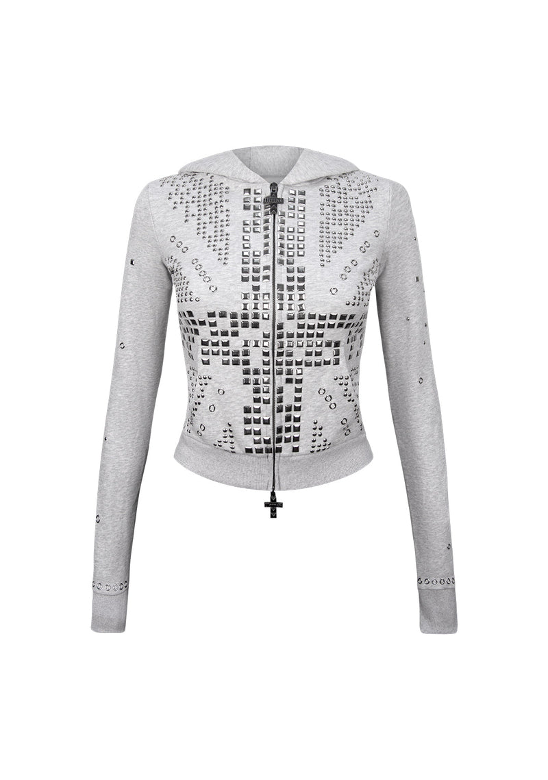 KNIGHT STUDDED FITTED HOODIE GREY MARL