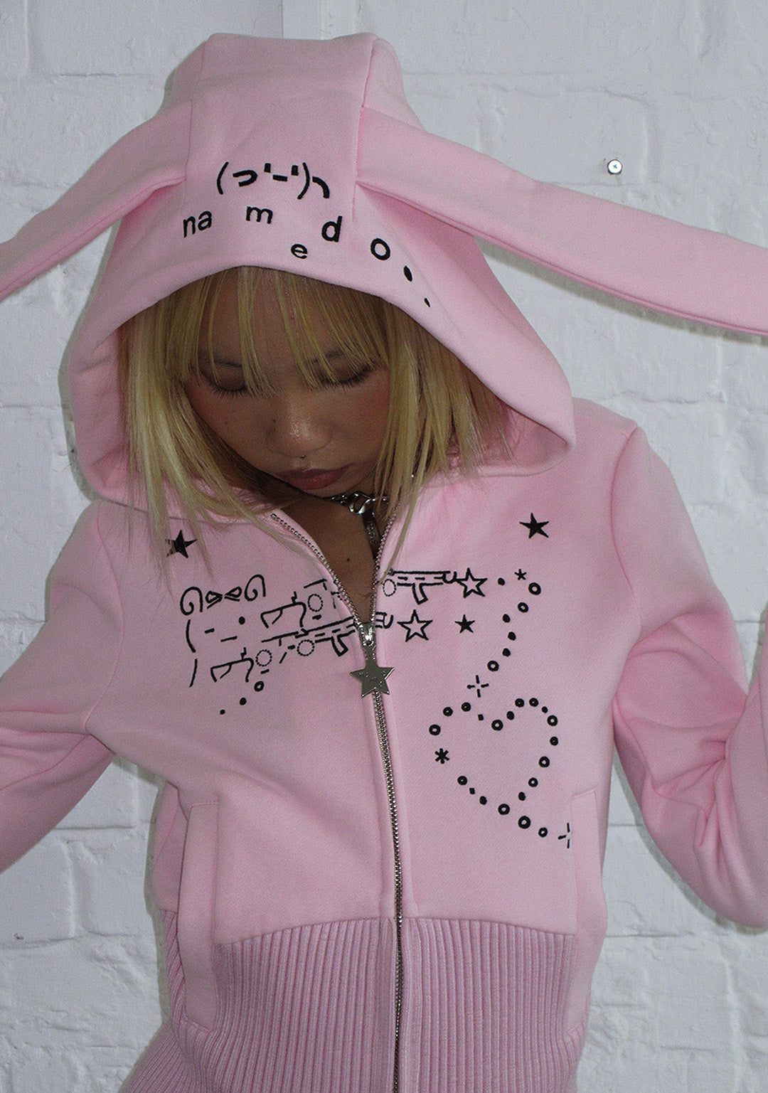 Malfunction Bunny Fitted Hoodie Baby Pink (Detachable Ears