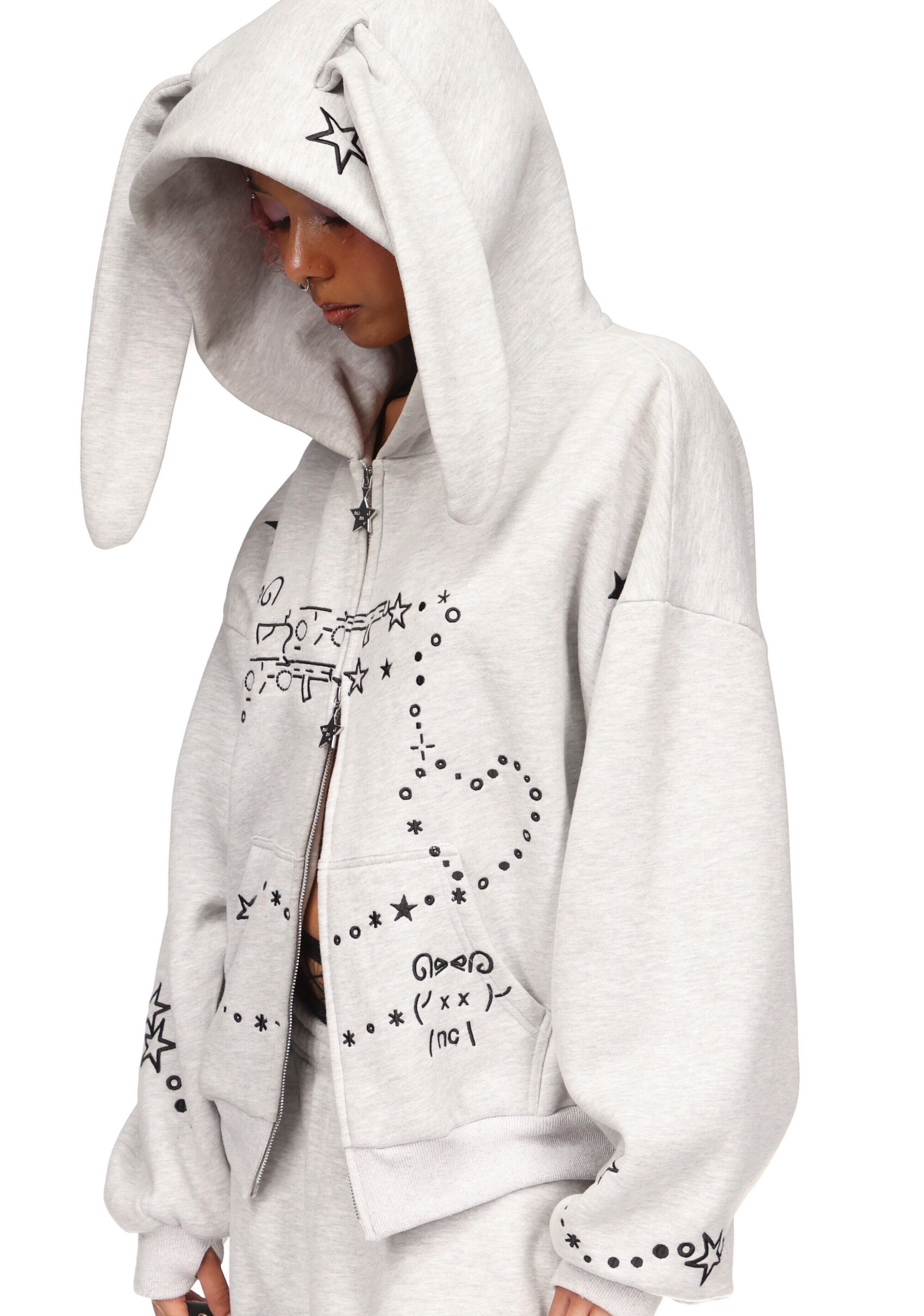 Malfunction Bunny Zip Hoodie Grey Marl Detachable Ears – NAMED