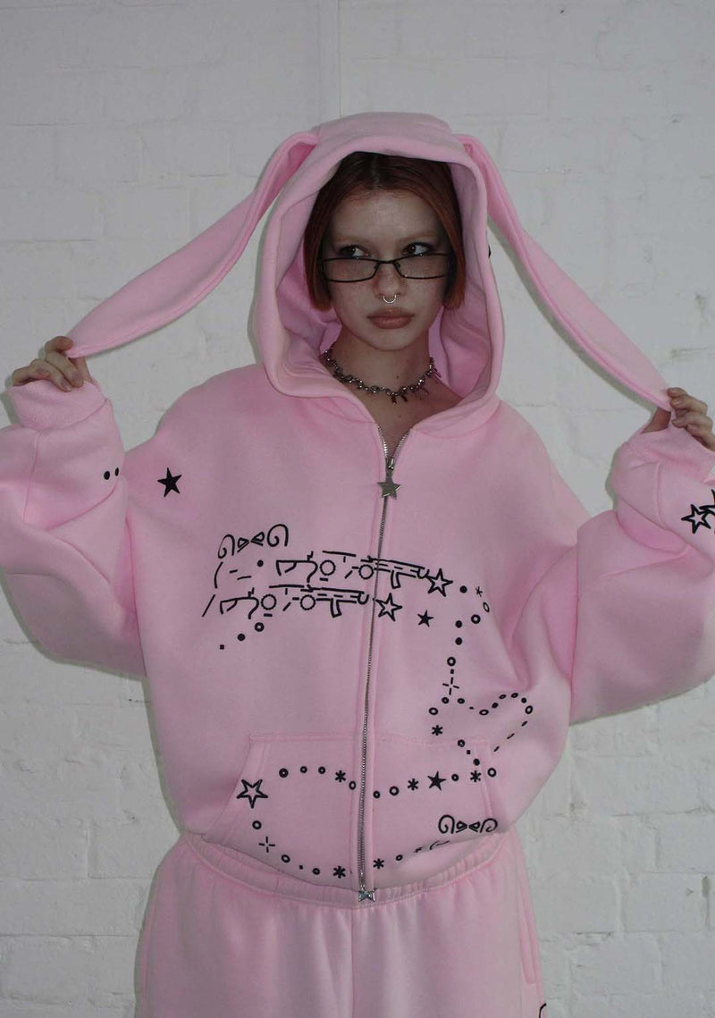 MALFUNCTION BUNNY ZIP HOODIE BABY PINK (DETACHABLE EARS)