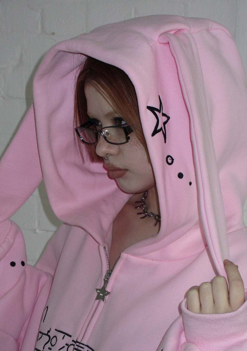 MALFUNCTION BUNNY ZIP HOODIE BABY PINK (DETACHABLE EARS)