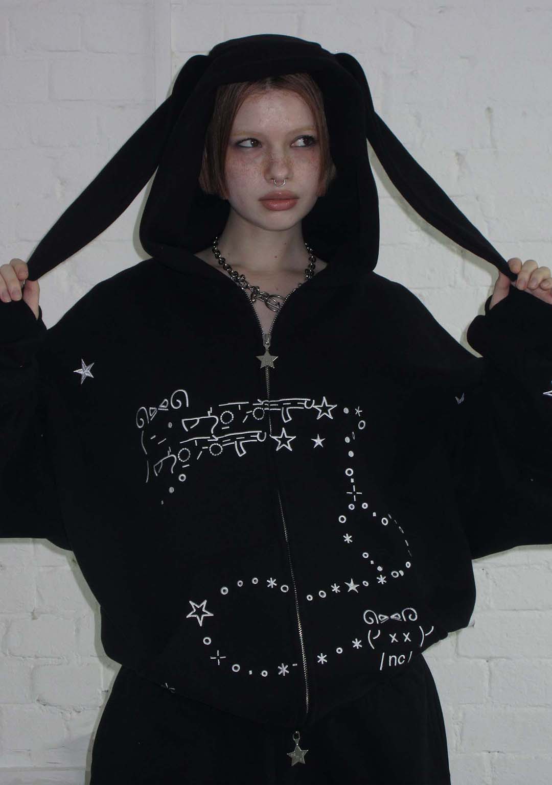 MALFUNCTION ZIP HOODIE 耳取り外し可能 Malfunction Bunny Zip Hoodie Black (Detachable Ears) – NAMED