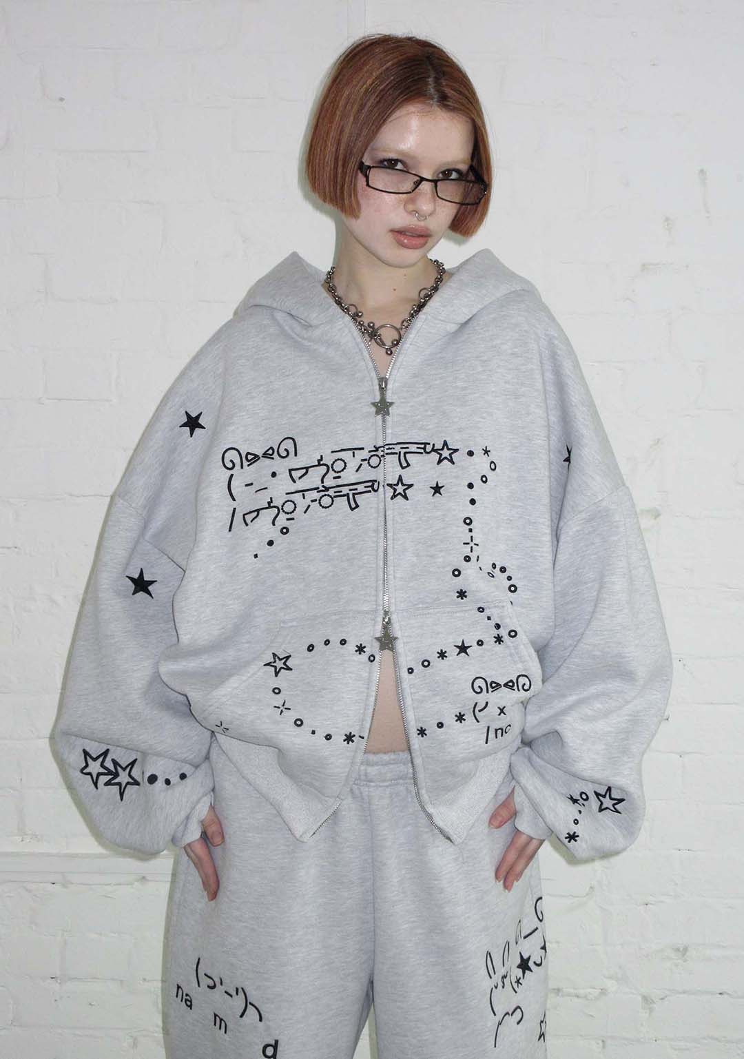 MALFUNCTION BUNNY ZIP HOODIE GREY MARL (DETACHABLE EARS)