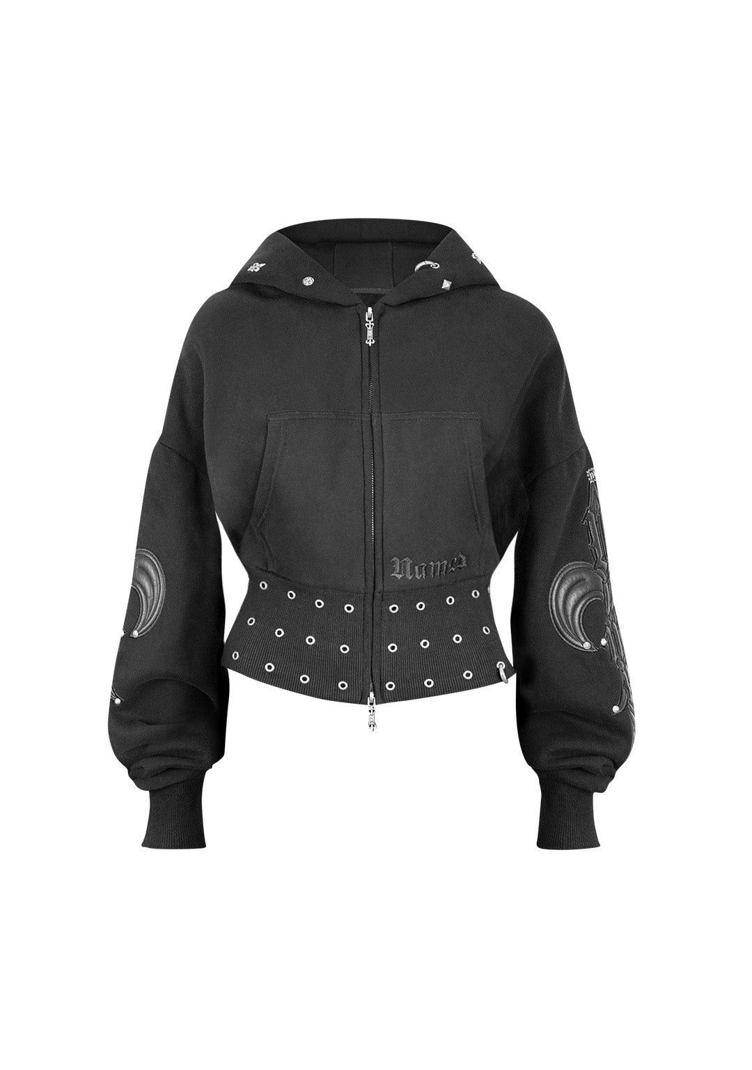 MIDNIGHT STUDDED FITTED WAIST ZIP CROP HOODIE BLACK
